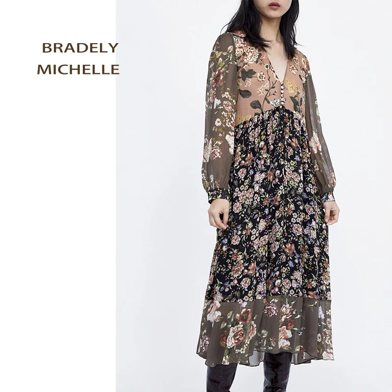 BRADELY Michel vestidos verano 2018 женское летнее платье винтажное до середины икры с длинным