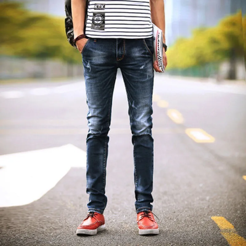 Men's Stretch Joggers Jeans Cotton Skinny Korean Full Length Straight Mid Light Washing Young Jean Zipper Pants