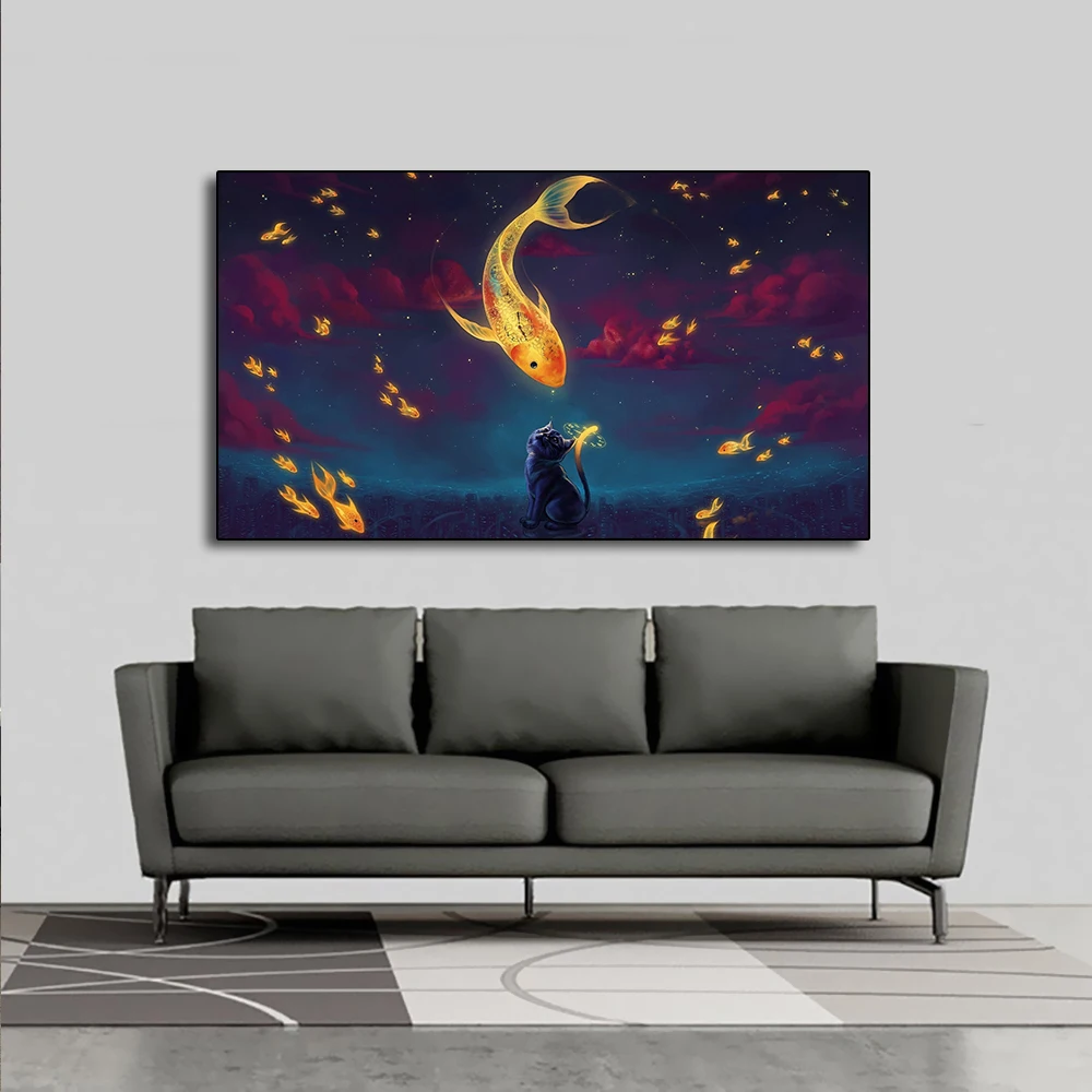 Живопись AAVV «рыба в небе и кот», сидящая на земле, Настенная картина, печать на холсте для спальни, Декор, картина маслом без рамки