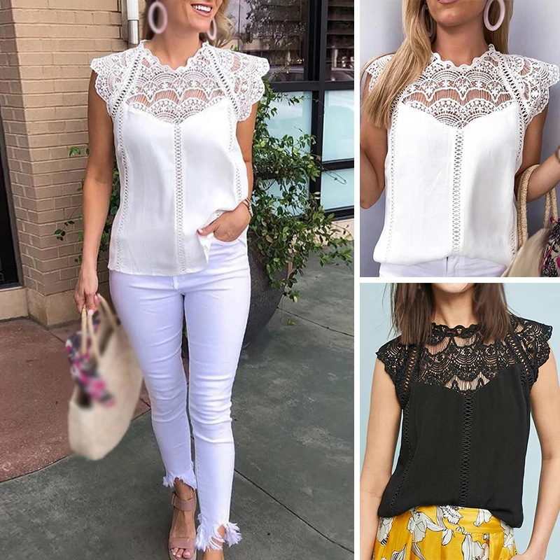 Ladies Tops Work Casual Office Shirt Round Neck Blouse Party Summer Vintage Hollowed |