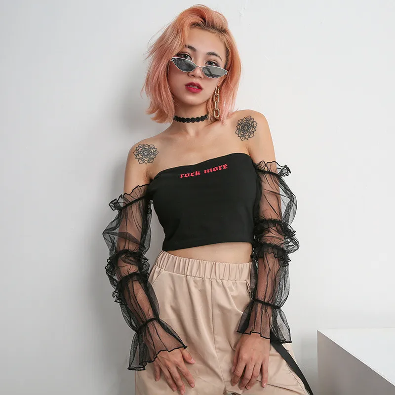 Женская футболка с буквенным принтом и пышными рукавами сексуальная сетчатая