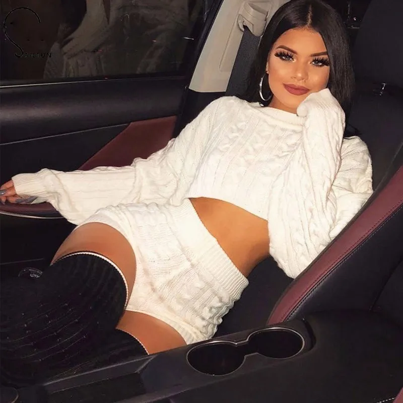 Santune Gray Women Lady Clubwear Long Sleeve 2 Piece Set O Neck Crop Top +short Pant Bodycon Knitted Sexy Suit Pcs | Женская одежда