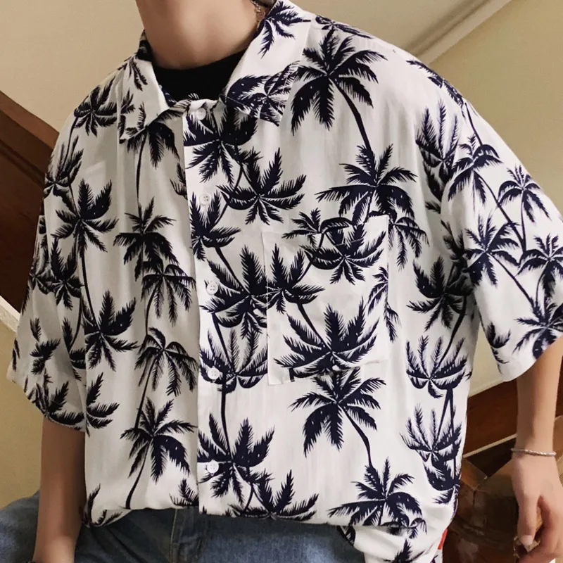Летняя новая мужская модная рубашка с принтом листьев повседневная уличная