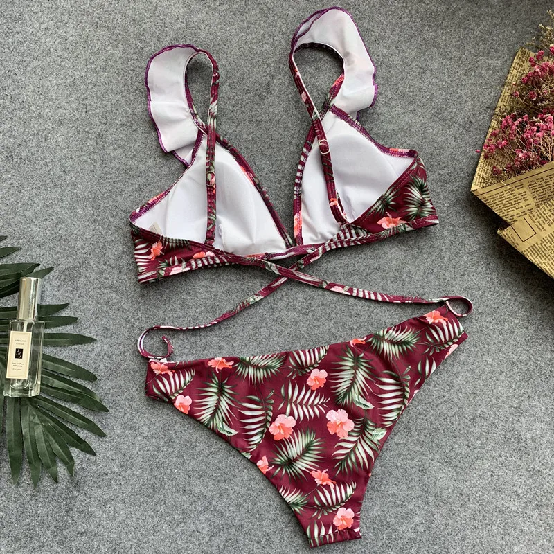 MUXILOVE 2019 New Women's Ruffled Print Ladies Swimwear Floral Straps Two-pieces Bikini Set Low Waist Bather Bathing Suit |