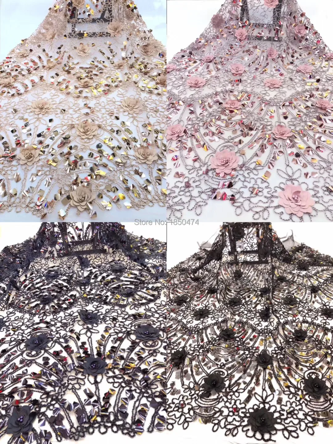 Hot Selling Products 4 Color French Tulle Mesh Lace Fabrics With Big Sequins 3D Handwork Flowers Beaded Embroidered | Дом и сад