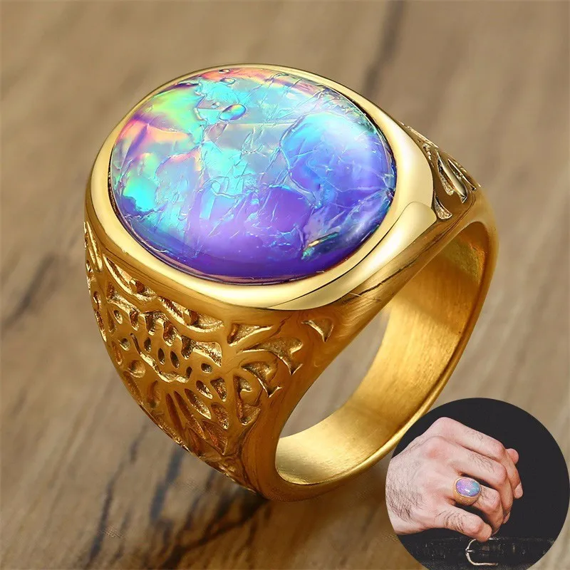 

Opal Rings for Men Golden Stainless Steel Tiger's Eye Oval Stone Men's Jewellery