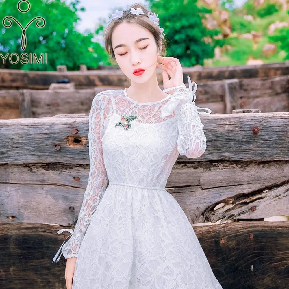 2019 spring Summer Maxi Elegant Lace Embroidery Long Women Dress White Evening Party Tunic Fairy Mid-Calf O-neck Beach | Женская одежда