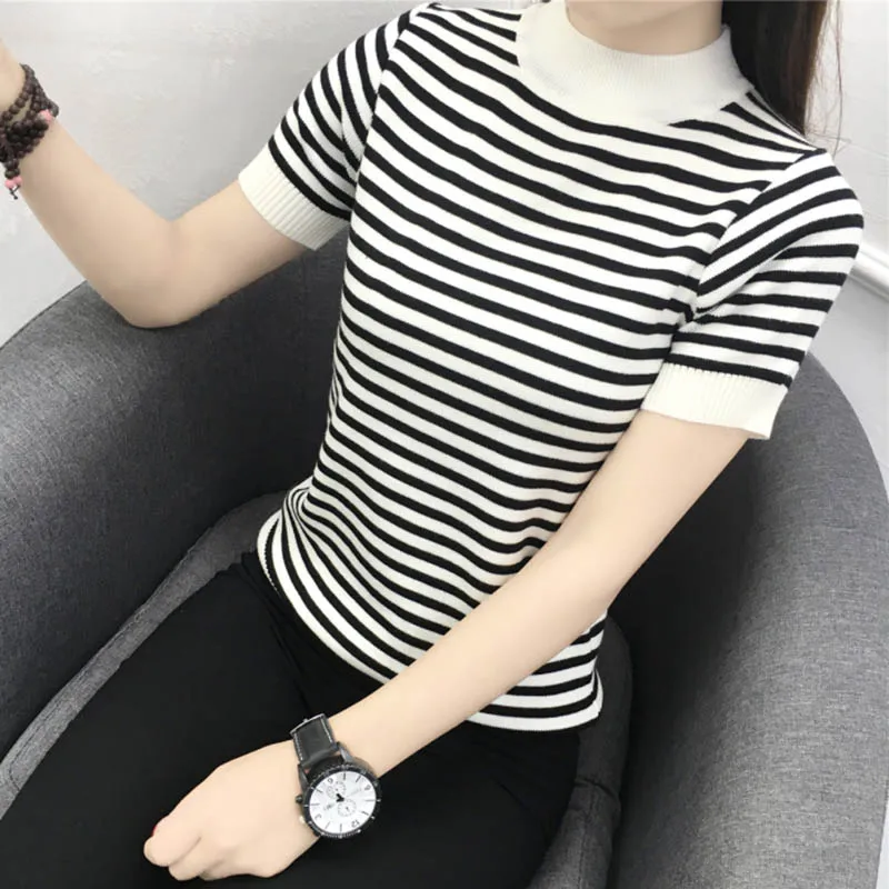 summer sweater black white stripe short sleeve thin Sweater Women Casual basic Knit Pullovers slim female Cashmere 2019 | Женская одежда