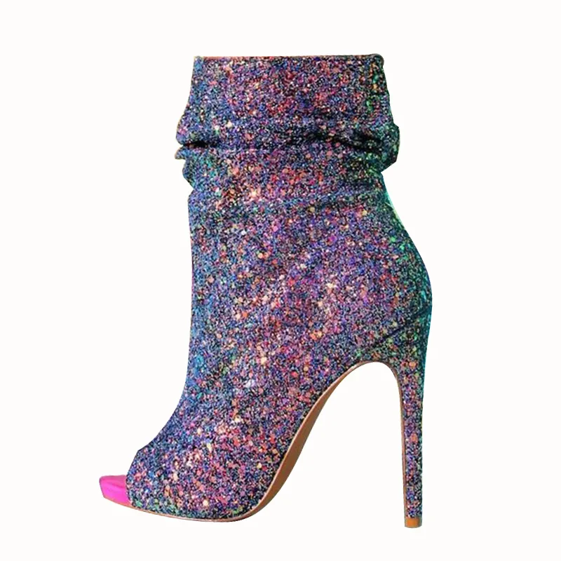 

Moraima Snc 2019 New Fashion Woman Spring Ankle Boots Fancy Bling Stilettos Peep Toe Super High Thin Heel Shoes Fashion Shoes