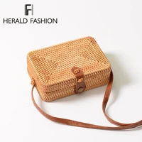 herald fashion women round straw bags summer rattan bag female handmade woven beach crossbody bag ladies circle bohemia box