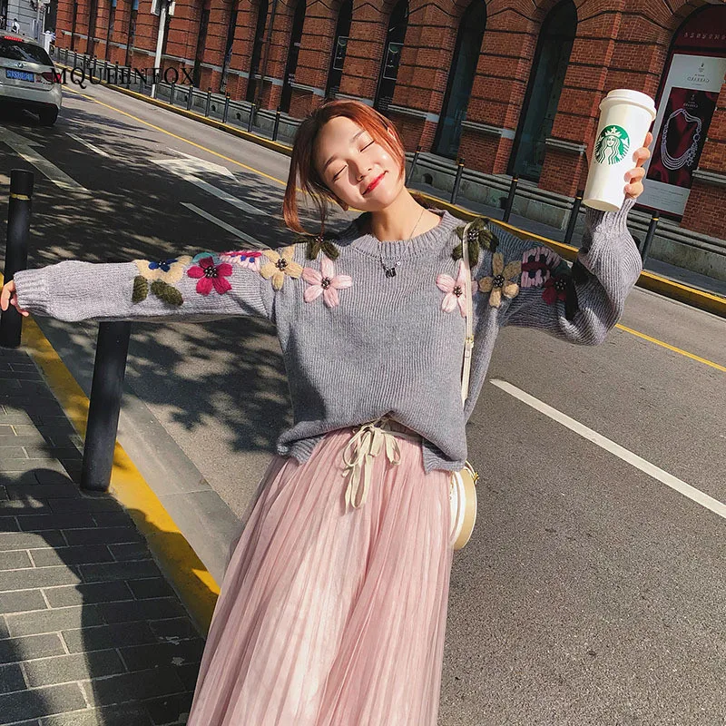 Женский свитер с жемчужинами винтажный Свободный пуловер цветочной вышивкой и