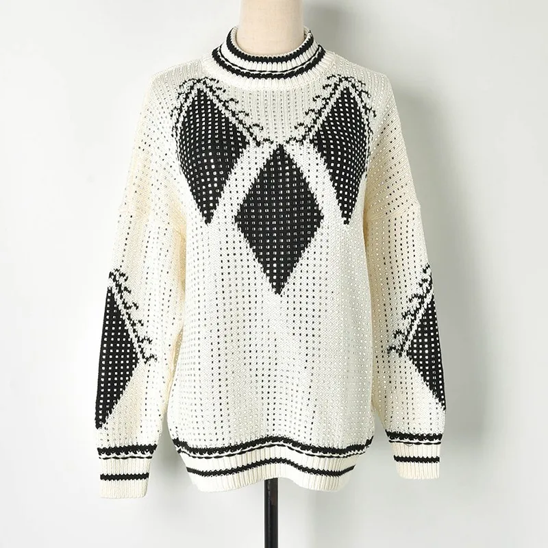 Luxury Fully Beaded Sweater 2019 Black White Hit Color Geometry Shiny Diamond Half High Collar Sweaters Ladies Pullovers Tops | Женская