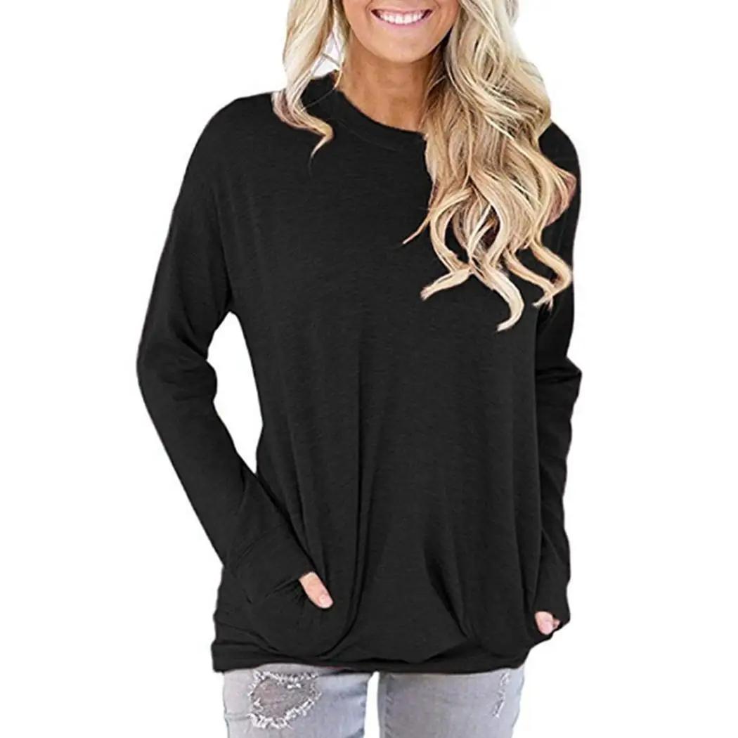 Woman Casual T-shirt Multi-color Solid Color Women Pockets Decor Loose Causal O-Neck Top Long Sleeve | Женская одежда