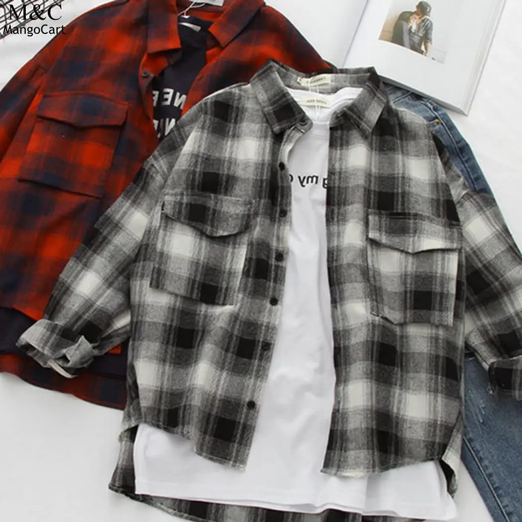 Plaid Shirt Long Large Sleeve Buttons BF Front Women Blouses Style Casual Shirts pockets 2018 Cotton |