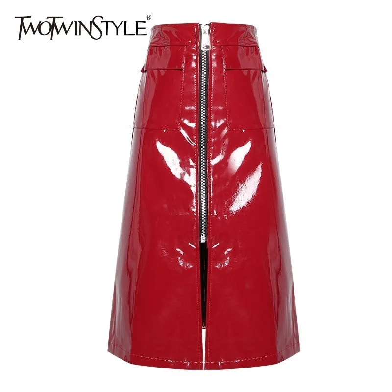 TWOTWINSTYLE корейская мода женские юбки из искусственной кожи высокая талия