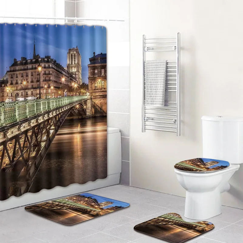 

180X180cm Shower Curtain Bath Mat Notre Dame de Paris Scenery Bathroom Waterproof with 12 Hooks Toilet Cover Bath Mat Set