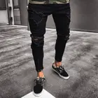 Модные мужские рваные обтягивающие джинсы, потертые зауженные джинсовые брюки на молнии, новый дизайн, обтягивающие прямые черные брюки в стиле хип-хоп