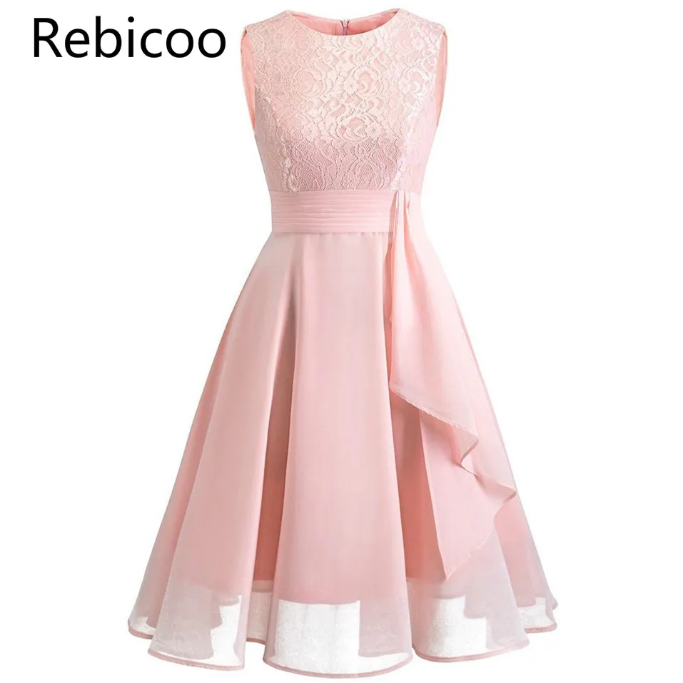 Christmas Vintage Lace Dresses Sleeveless Sexy Pink Party A-Line Chiffon Elegant Women Midi Vestidos Robe Femme | Женская одежда