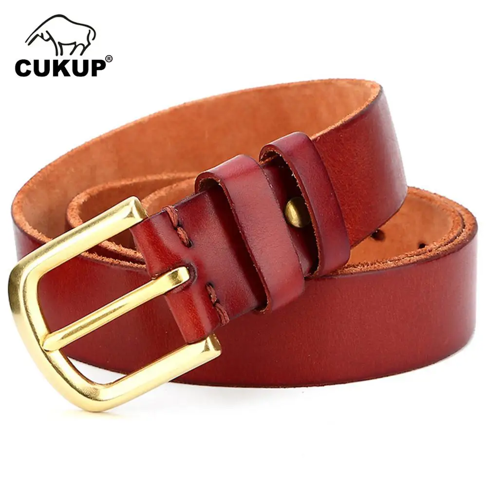 CUKUP Top Quality 100% Pure Cow Cowhide Leather Belts Brass Pin Buckle Metal Belt Men Retro Styles Accessories for Man NCK700