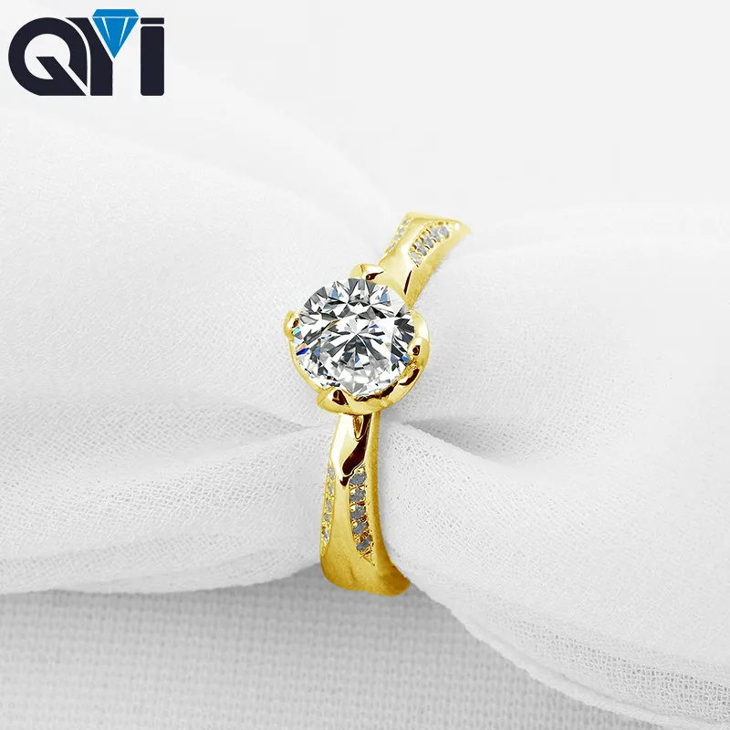

QYI Rings Women 14K Solid Yellow Gold Rings Engagement 1 ct Round Cut Sona Simulated Diamond For Wedding Jewelry Gift