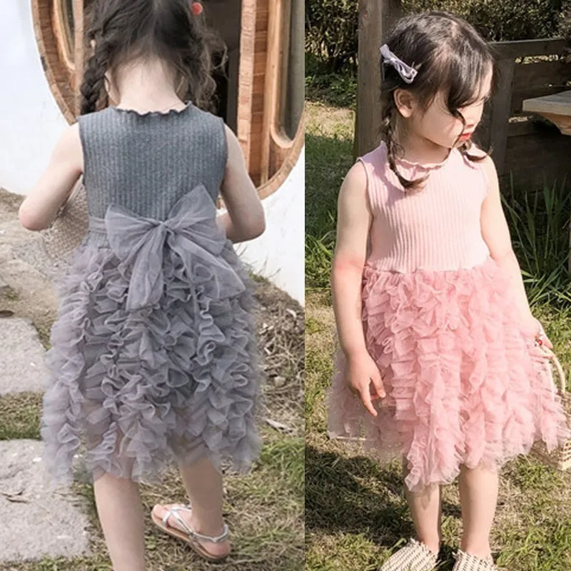 Party Tulle Patchwork Todler Girl Dresses Baby Clothes Summer Dress Grey Pink Little Kids Clothing 2019 Fashion | Детская одежда и