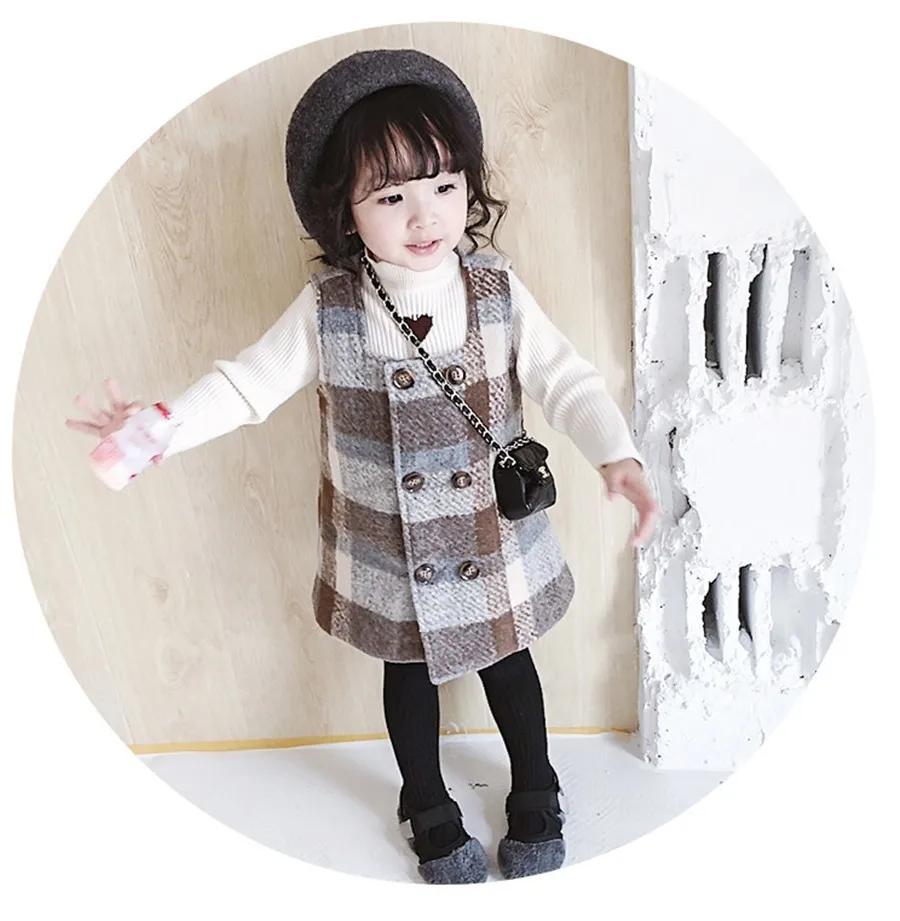 Girls Clothing Wool Double-breasted Strap Dress Infant Baby Kids Dresses For Fashion Plaid Sleeveless Toddler 2-5 Y | Детская одежда и