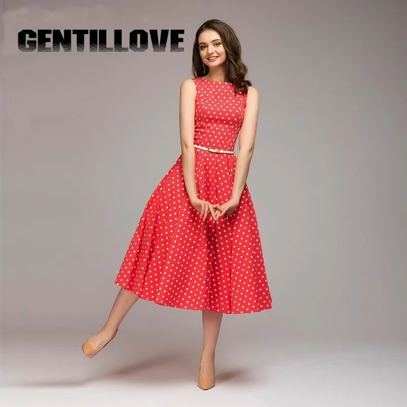 Gentillove Vintage Dress Summer Sleeveless O-neck Vestidos Dot Printing Mid-Calf Casual Elegant Female A-line Dresses | Женская одежда