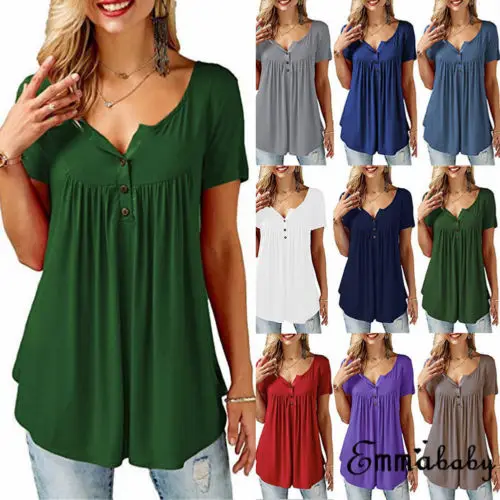 Women Blouse Loose Short Sleeve Casual Blouse Buttons Shirt Tops Solid Summer