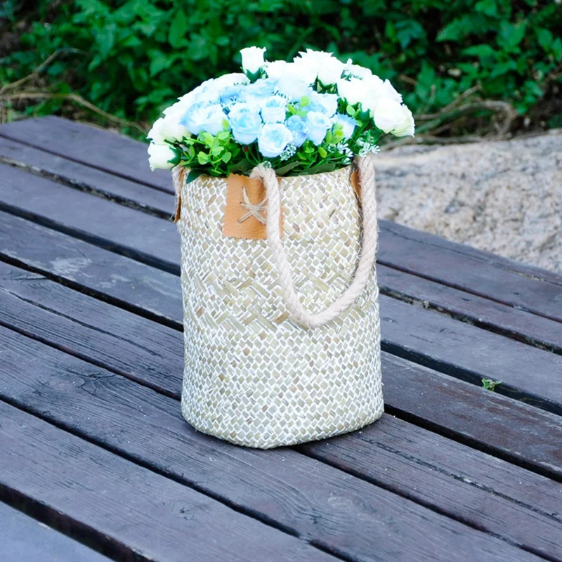 Promotion! Foldable Natural Woven Seagrass Belly Storage Basket Flower Pot Folding Weaving Dirty Garment Fruit B | Дом и сад