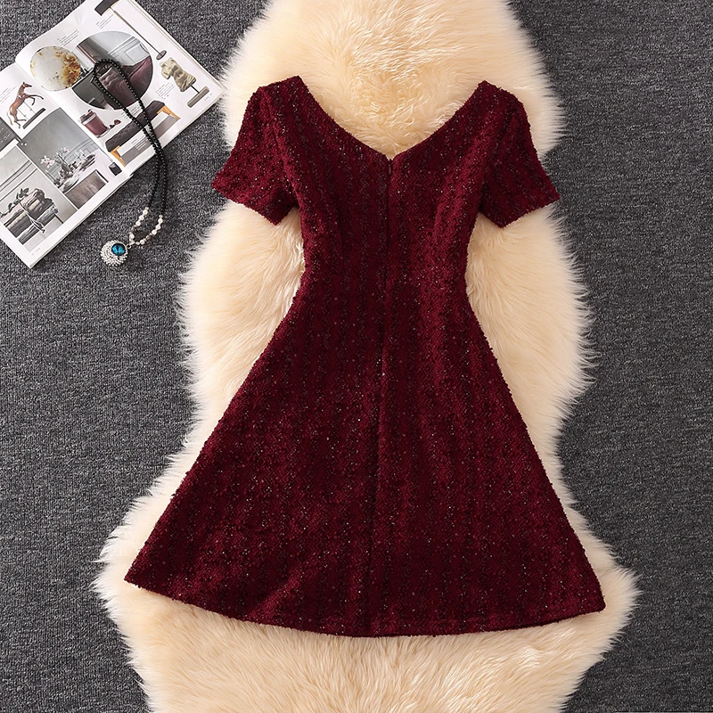 Spring Summer Dress 2019 Women Elegant Sequined Vintage Red V-neck Short Sleeve A-line Slim Prom Party Formal | Женская одежда