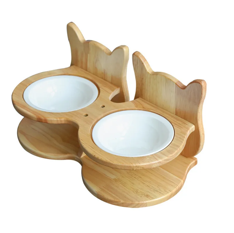 

Cat Dog Pet Stainless Steel/ceramic Feeding And Drinking Bowls Combination With Bamboo Frame For Dogs Cats Cw246