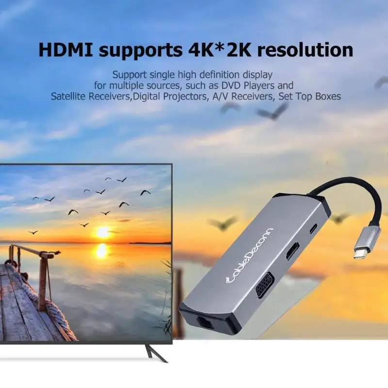 Cabledeconn F0409 USB C концентратор Тип на HDMI VGA 3 0 RJ45 PD адаптер серый обратная