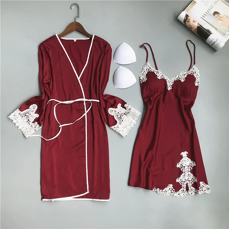 

2019 2 Pieces Women Robe & Gown Sets Silk Sleep Lounge Sexy Pijama Ladies Nightwear Bathrobe Night Dress With Chest Pads