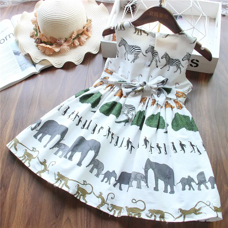Toddler Girl Summer Dress Cotton Kids Casual Wholesale Lots Bulk Clothes Little Safari Cartoon Animal Print Party | Детская одежда и
