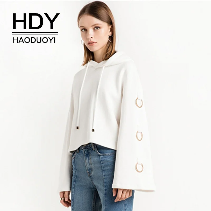 HDY Haoduoyi женские толстовки с длинным Расклешенным рукавом металлическим кольцом