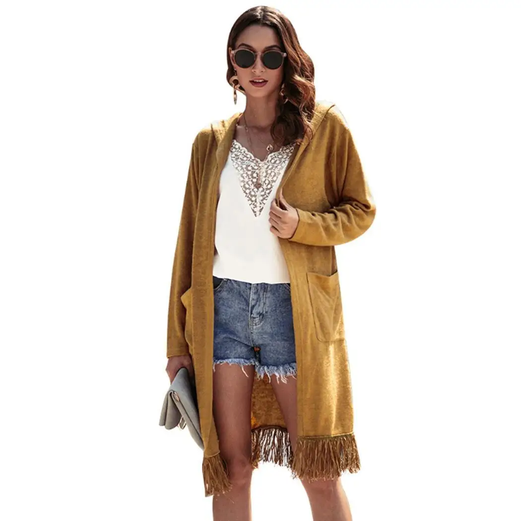 Women Fashion Casual Solid Tassels Hooded Tassel Pocket Cardigan Coat Winter Outwear Spring/Autumn/Winter |