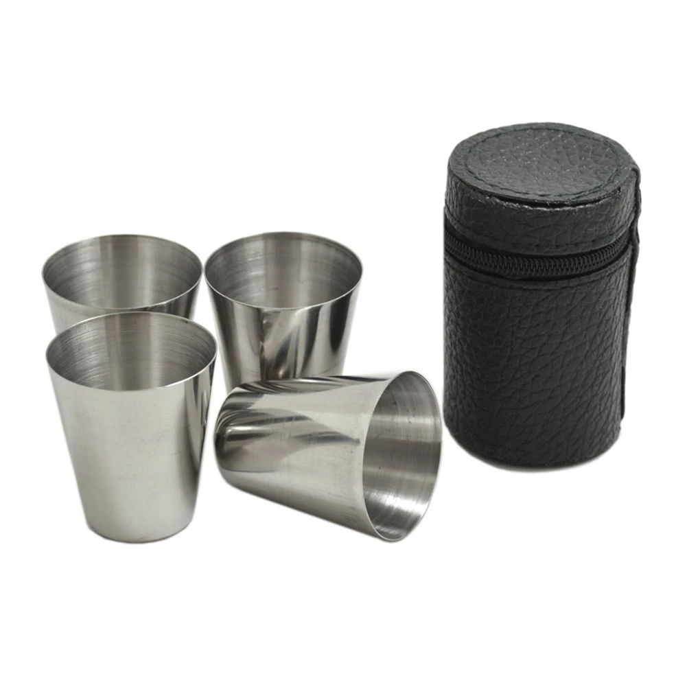 

4Pcs/Set Mini Stainless Steel Polished Wine Drinking Shot Glasses Cup With Leather Cover Case Bag Barware For Home Kitchen S3