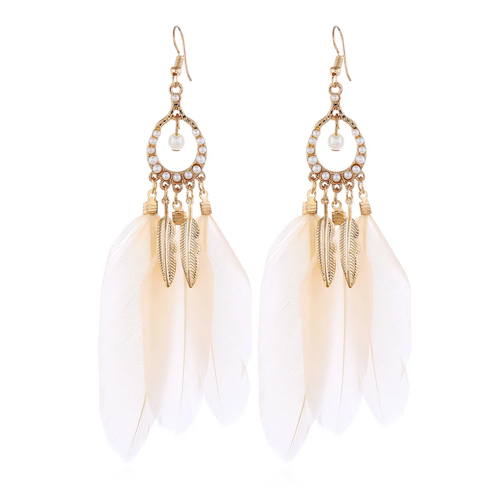 New Style Woman's Bohemian Tassle Feather Pendant with Pearl Alloy Drop Dangle Earrings Bijoux Jewelry Accessories |