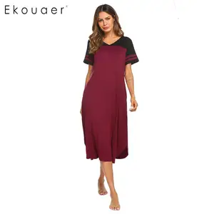 Ekouaer длинная ночная рубашка, женская ночная сорочка с короткими рукавами, контрастная сорочка с v-образным вырезом, женская одежда