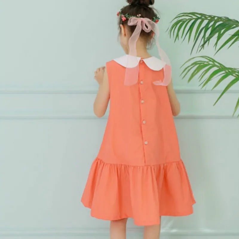 100% Cotton Patchwork Big Children Summer Dress Kids Dresses For Girls 2019 Peter Pant Collar Orange Blue Toddler Sundress Cute | Детская