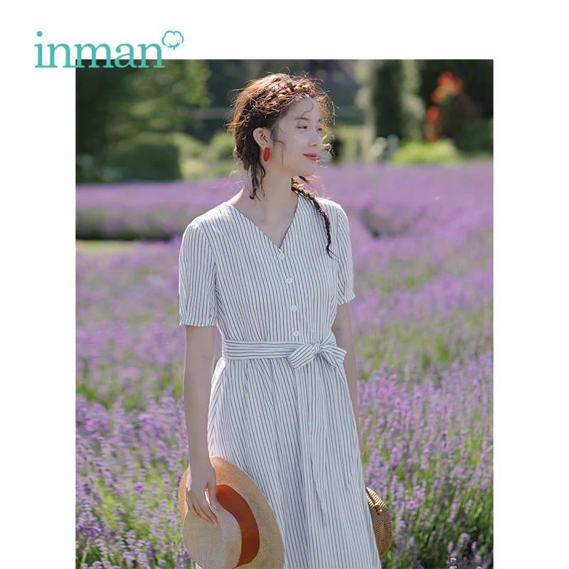 INMAN летнее хлопковое с v образным вырезом льняное сине белое Полосатое