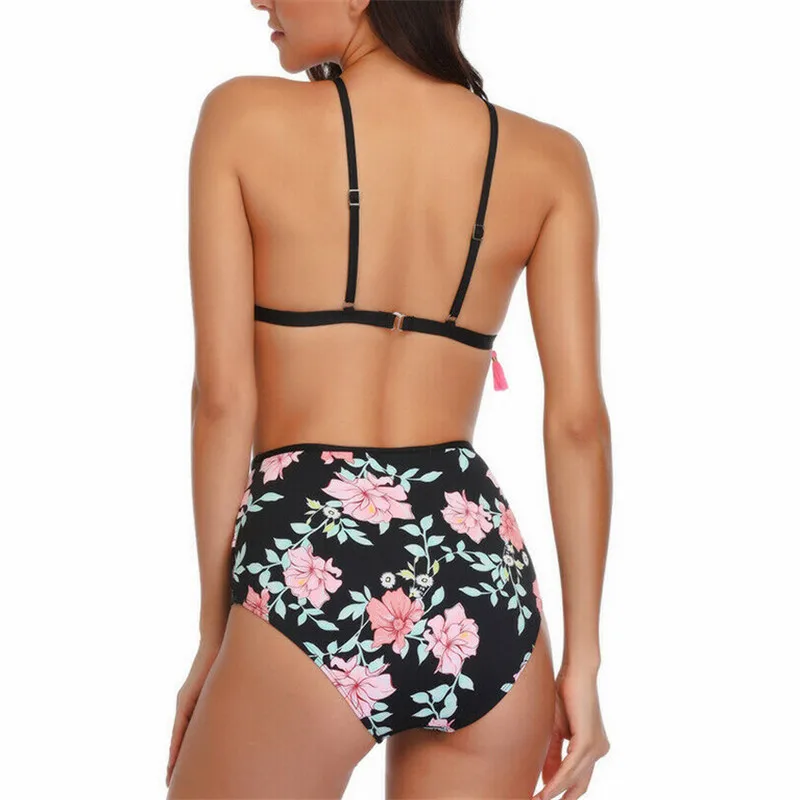 

Bikini 2019 Swimsuit New Women Two Piece Floral Print Bathing Suit Tassel High Waist Padded Swimwear High Quality Vintage Bikini