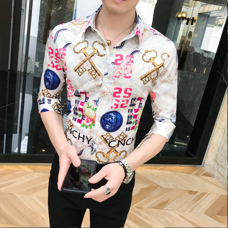 Модные рубашки с принтом ключей мужские узкие рукава до локтя подходят 2019