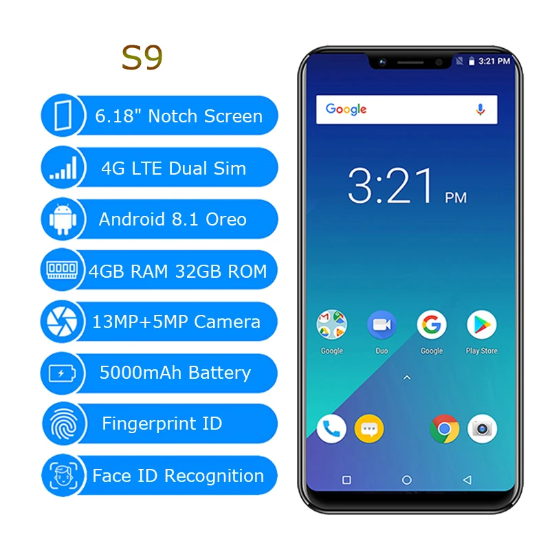 XGODY S9 4G Смартфон 6.18-дюймовый экран с вырезом Мобильный телефон Android 8.1 Octa Core 4G+32GB Face ID Fingerprint 5000mAh Сотовые телефоны на