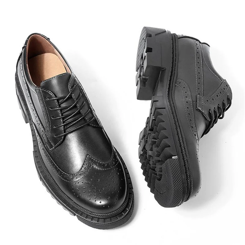 US Size British Style Carving Oxfords Man Thick Heel 4cm Genuine Leather Brogue Shoes Business Hight End Trendy | Обувь