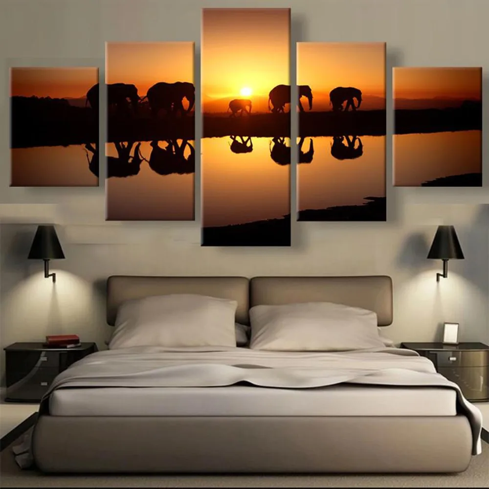 

5 Piece Canvas Art Sunset Elephants Animal Modern Decorative Paintings on Canvas Wall Art for Home Decorations Wall Decor(Frame)