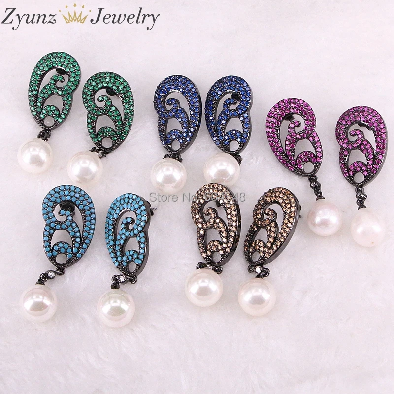 4 пары, ZYZ332-4960, модные разноцветные камни с фианитами и кристаллами, с круглой раковиной, жемчужные серьги с цирконием, цветы для женщин, ювел...