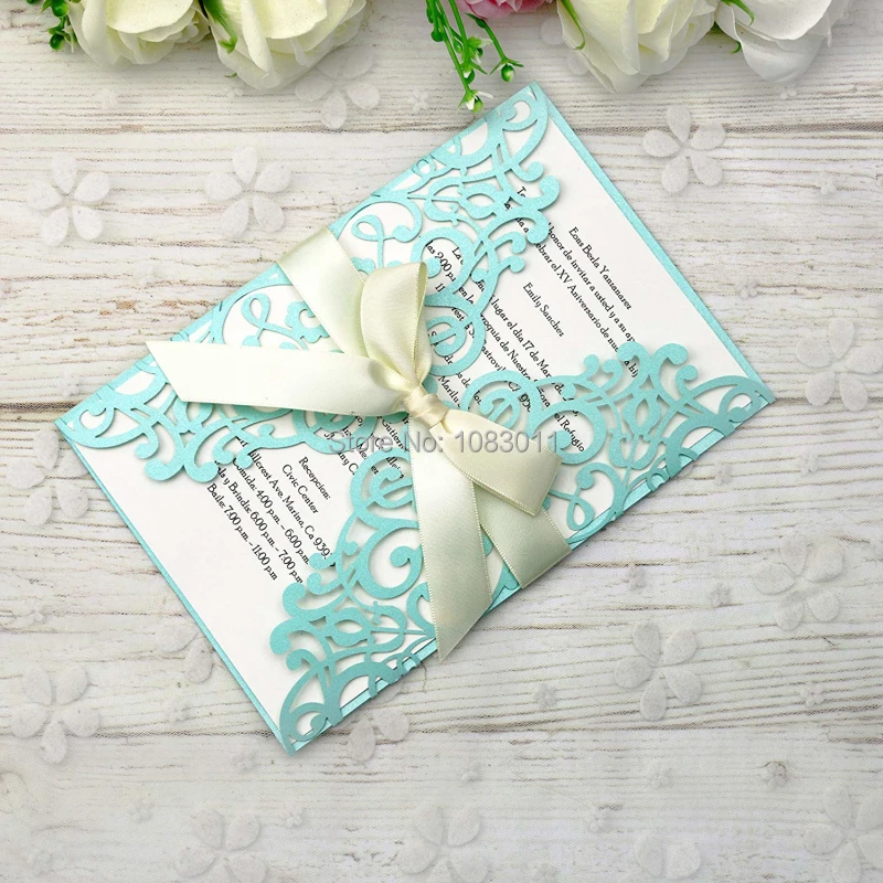 

PONATIA 20 PCS Elegant Wedding Invitations Cards With Ribbon For Wedding Bridal Shower Engagement Birthday Invite(Tifny Blue)