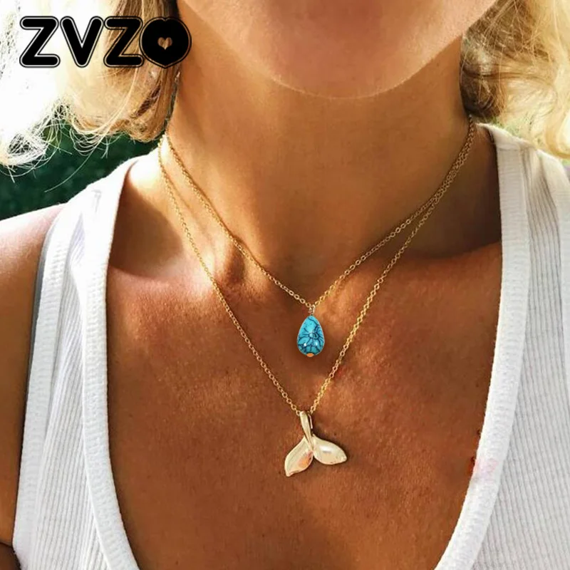 ZVZO Бохо Золотая цепочка колье геометрический рыбий хвост зеленый горный