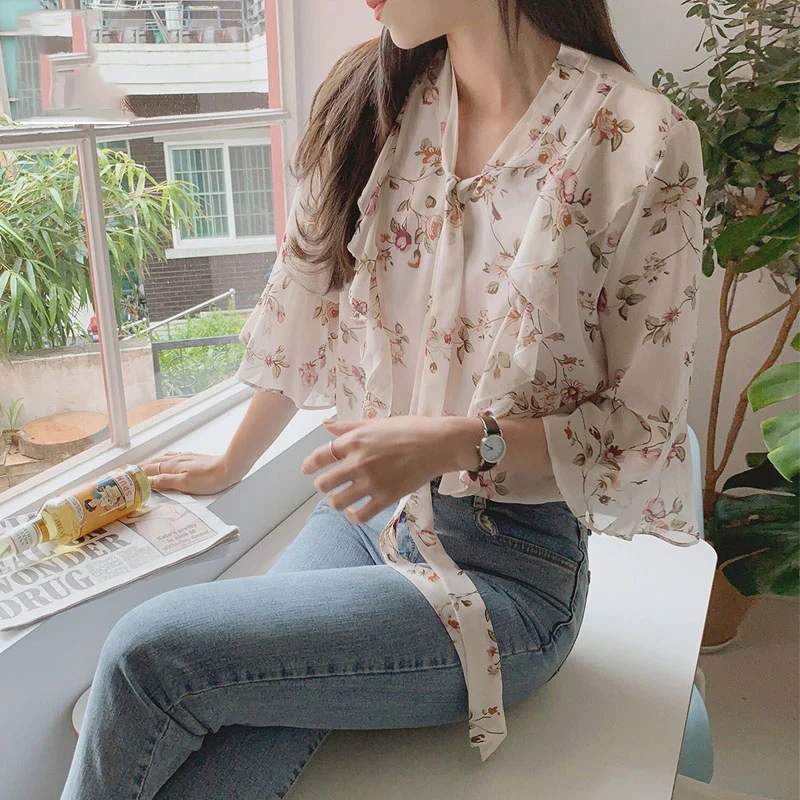 Шифоновые блузки рубашки Женский Топ в Корейском стиле одежда с длинным рукавом